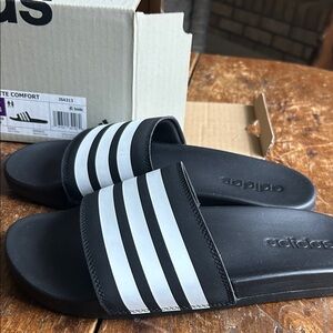 Adidas Black Slides with White Stripes